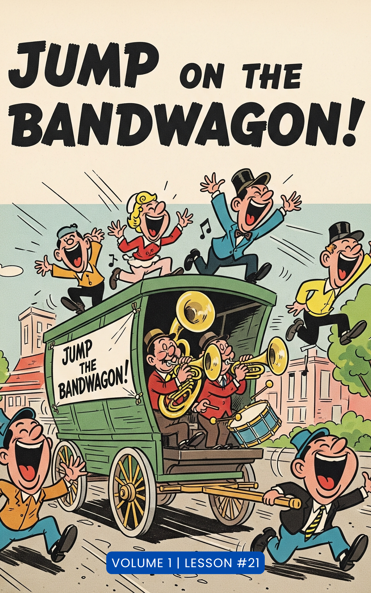 Jump on the bandwagon illustration: people enthusiastically join a busy musical wagon.