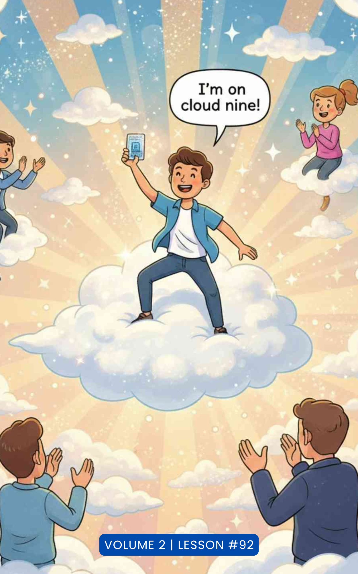 On cloud nine illustration: a happy person celebrates while standing on a cloud.